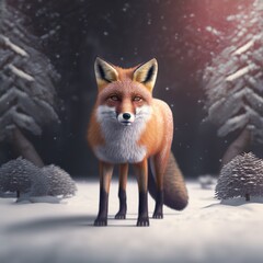 Red woodland fox in the snow. Winter landscape in the forest. Animal character design for christmas.