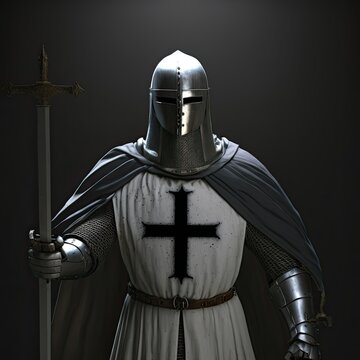Medieval templar crusader knight in full armor 3d render. Character design portrait. Isolated on black background.