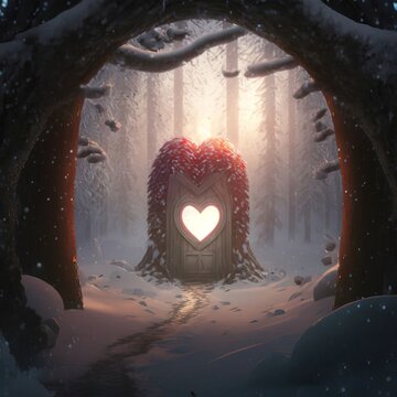 dream flower Heart-shaped portal in the winter forest,cinematic warm color. Generative AI Technology	