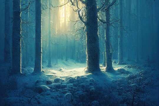 In The Winter Forest,cinematic Color Grading. Generative AI Technology	