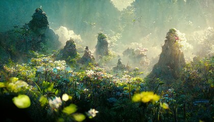 Magical fantasy fairytale landscape with lush vegetation - obrazy, fototapety, plakaty