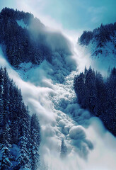 Frozen mountain landscape with river, snowy peaks, fresh snow on rocks and trees