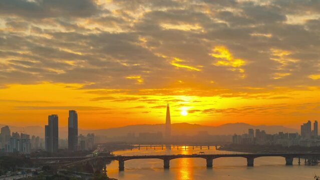 Landscape of Seoul City and the Han River During sunrise
