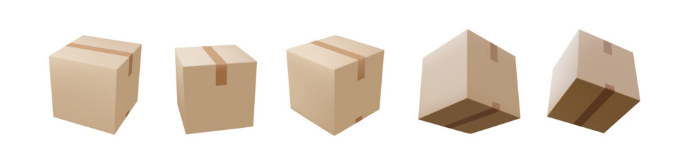 Cardboard or carton realistic delivery boxes with scotch tape and labels.
