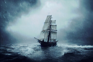 Sailing ships near an iceberg with turbulent sky