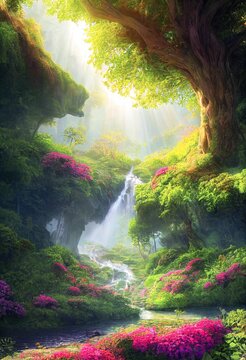 Tall waterfall in the jungle with lush vegetation © DNY3D