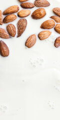 Closeup of almond kernels in milk bath. Organic background for healthy food or skin care cosmetics. Vertical banner mockup for social media stories. Selective focus, copy space.