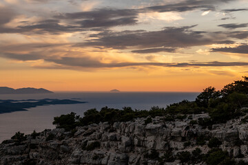 Wonderful landscape of Brac island from Vidova Gora mountain with view on Hvar and Vis islands across the sea