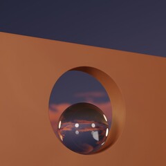 3d abstract minimal illustration. Sunset, round wall hole and transparent sphere reflection. Relax calm elegant design concept. 3d wallpaper rendering