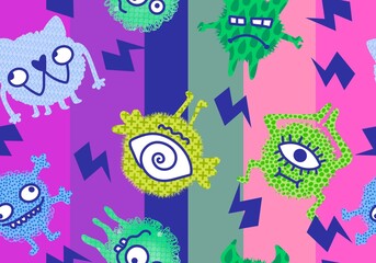 Cartoon doodle monsters seamless aliens and animals pattern for wrapping paper and fabrics and kids clothes