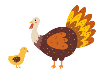 Mother turkey with her baby poult. Cute farm animal characters - mom and her child. Mother Day print for kids. Vector illustration