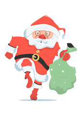 Cartoon Santa Claus running with a bag full of gifts. Vector.