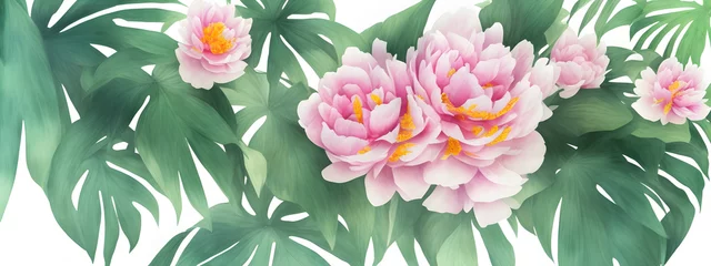 Foto op Plexiglas illustration banner tropical watercolor herbal branch with leaves, peonies, close up, earth tones wallpaper © Sebastian