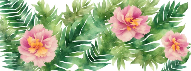 Fototapete illustration banner tropical watercolor herbal branch with leaves, peonies, close up, earth tones wallpaper © Sebastian