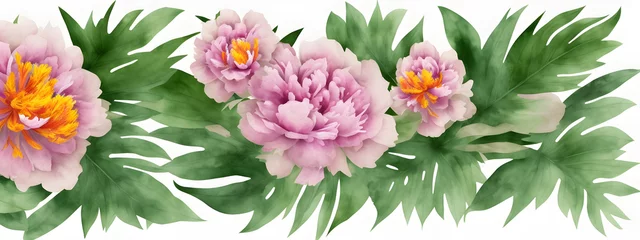  illustration banner tropical watercolor herbal branch with leaves, peonies, close up, earth tones wallpaper © Sebastian