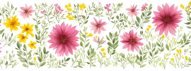 Selbstklebende Fototapeten Banner watercolor arrangements with garden flowers. bouquets with pink, yellow wild flowers, leaves, pattern branches illustration digital for wallpapers, textile or wrapping paper in vintage style © Sebastian
