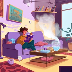 Household humidifier at home on table near woman reading on sofa