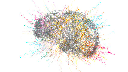 Brain in metal wires with energy field, showing complexity, connectivity, brainstorming, information overload, complicated thinking. 3d conceptual illustration, colorfull on white background