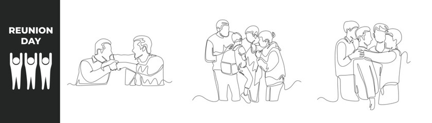 Continuous one line reunion day concept. Happy man and woman hugging when they meet and happy boy bro fist bump. Single line draw design vector graph.
