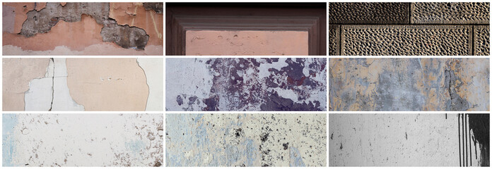 Wall texture set. Rough surfaces of the plastered and colored concrete walls with patterns of...