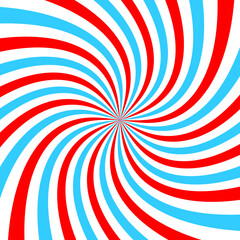 Red and blue radial twisted stipes, vortex effect, pinwheel pattern. Circus, carnival or festival background. Bubble gum, sweet lollipop candy, ice cream texture. Vector flat illustration