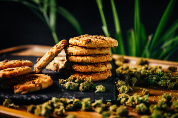 Marijuana cookies, drugs in food, thc and cbd brownies. Drugs and marijuana buds on a plank against the background of growths.