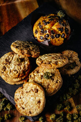 Marijuana cookie, dope cupcake, cbd thc cookie. Marijuana buds. indica and sativa.
