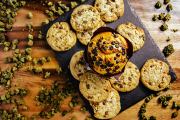 Marijuana cookie, dope cupcake, cbd thc cookie. Marijuana buds. indica and sativa.
