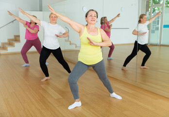 Fototapeta na wymiar Happy adults training swing steps at dance class