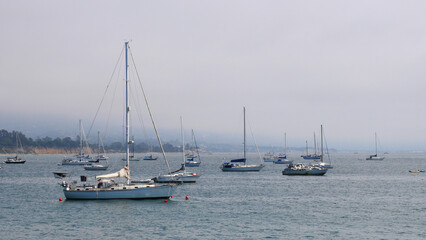 Fototapeta na wymiar Sailboats standing in front of the coast of Santa Barbara, California, near Stearns Wharf.