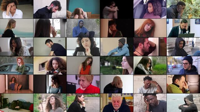 Multiscreen of nostalgic and afflicted men and women. Negative emotions concept