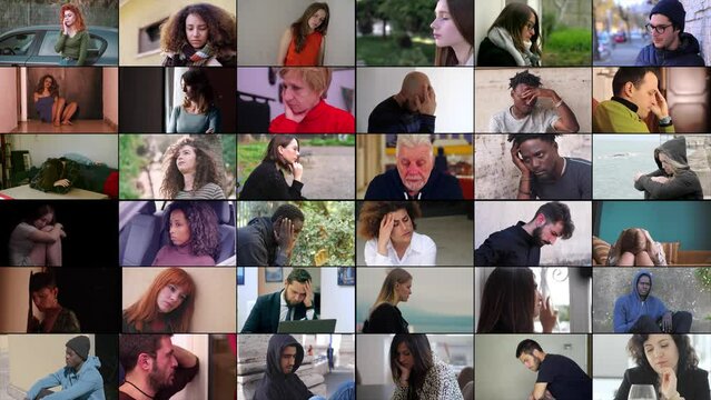 Collage of sad people. Multiscreen montage, split screen collage
