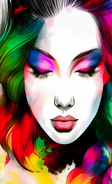 Vector watercolor colorful girl,  portrait with beautiful makeup, salon, spa, fitness poster, young lady paint.