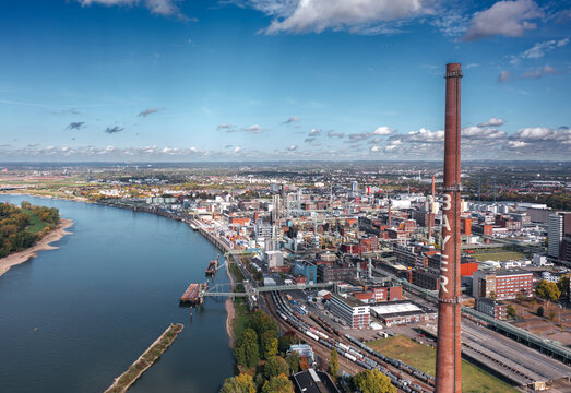 Leverkusen, North Rhine-Westphalia, Germany - October 2022: Skyline autumn view of Chempark (Bayerwerk) plant, industrial park for chemical industry at the Rhine river, headquarters of Bayer AG
