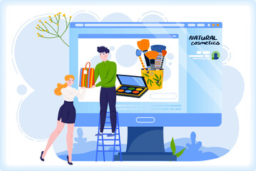 Beauty shop online vector illustration, woman character buy natural cosmetic at online store. Eco natural product shop banner