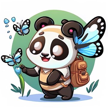 Cute panda backpacker playing with butterfly cartoon 2d illustrated icon illustration animal nature icon