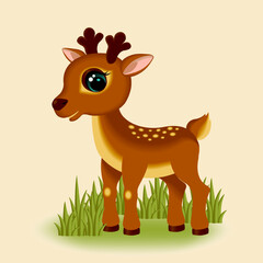 Cartoon little deer on the grass. Cute animal illustration. Deer baby. Vector illustration.
