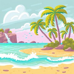 Fototapeta na wymiar Tropical sandy beach flat color illustration. wild sea shore and palm trees scene