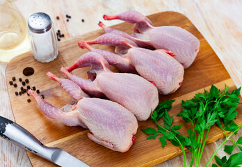 Four fresh raw quails with greens and spices prepared for cooking on wooden background..