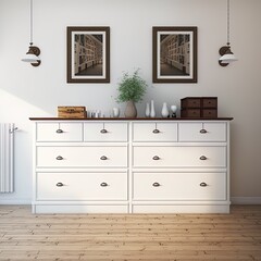 White cabinet doors with brown floor handles and a brown chest of drawers