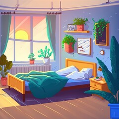 Big cartoon style 2d illustrated illustration of a bedroom. the interior is painted in flat style. cozy room with a bed, bedside tables, wardrobe, flowers, paintings on the wall, air conditioning.