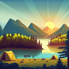 Tourist tents camping in forest area and sunrise in the morning, landscape nature background with lake and hills, horizontal summer camp concept