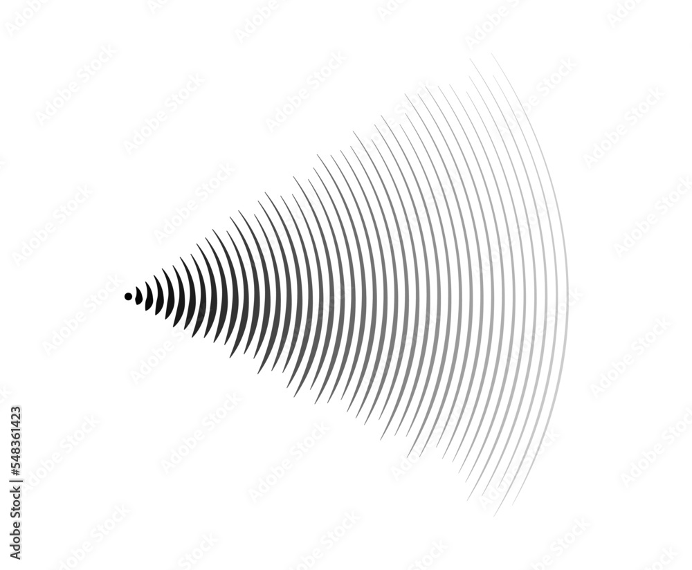 Poster Sound wave signal. Radio or music audio concept. Epicentre or radar icon. Radial signal or vibration elements. Impulse curve lines. Concentric ripple semi circle. 