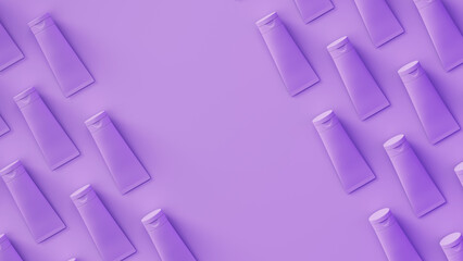 Lavender cosmetic tubes with soft shadow on background. Perfect ordered tubes diagonal layout with central hole. 3d render illustration