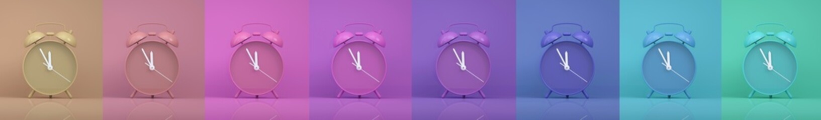 collage of vintage colored alarm clock on color background - hurry up, last chance concept with copy space