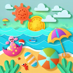 Fototapeta na wymiar Summer sea view with water toys placed on beach paper cut background 2d illustrated illustration
