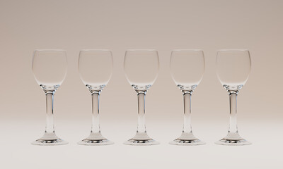 Set of 5 Empty 3D Rendered Wine Glasses Over White Backdrop