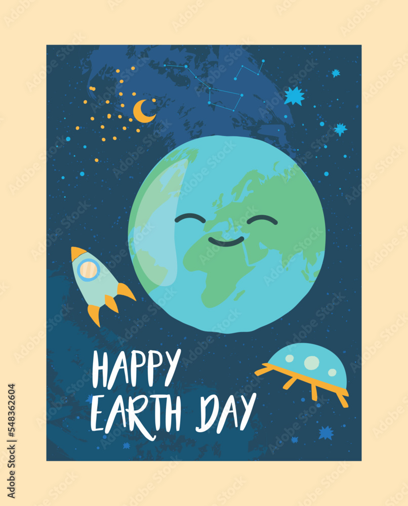 Poster save planet concept. globe against background of starry sky next to spaceship and rocket. greeting c