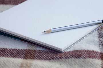 a gray graphite pencil on a sheet of paper with a distinct texture. A sheet on a beige checkered blanket