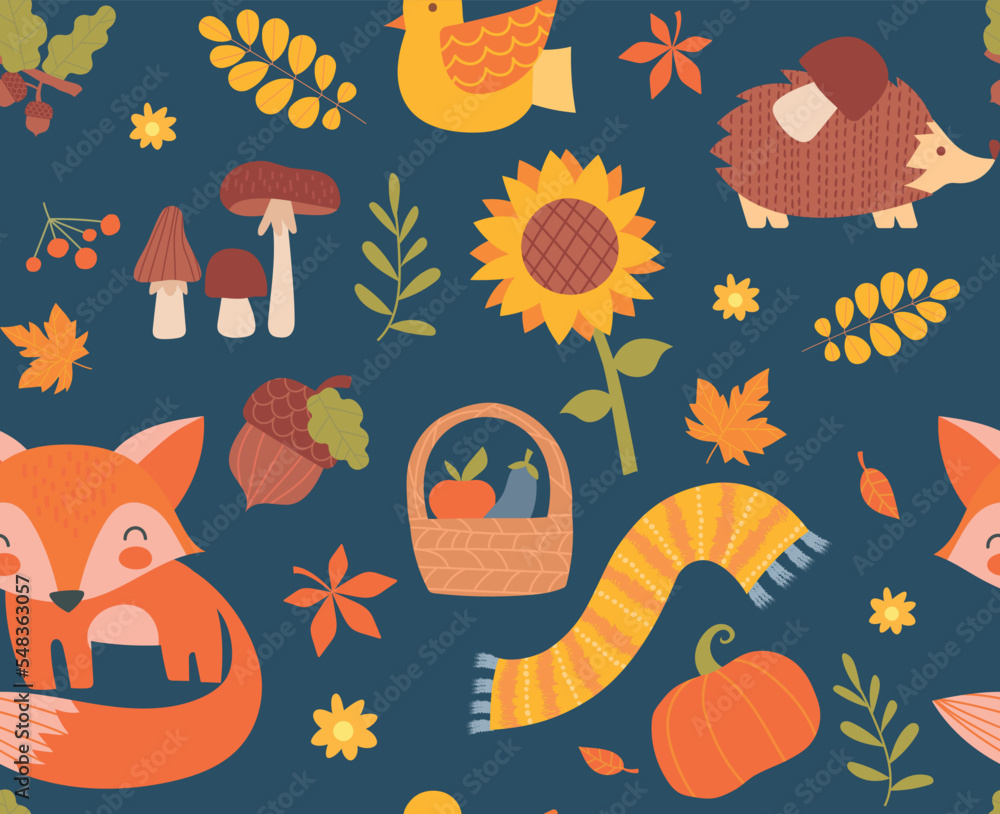 Poster autumn seamless pattern. repeating design element for printing on fabric. chanterelle with mushrooms